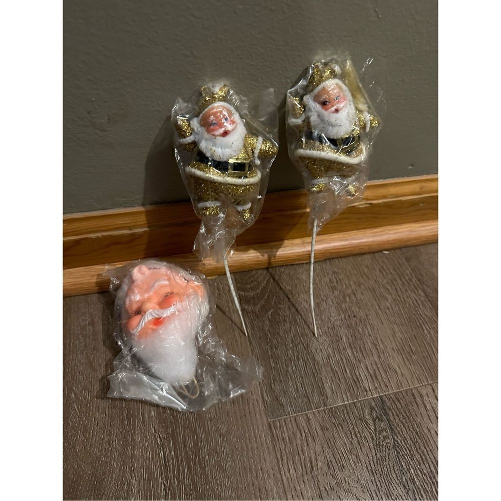 Vintage Flocked Santa Floral Picks Decor Gold Glitter & Santa Head 3 pieces MCM